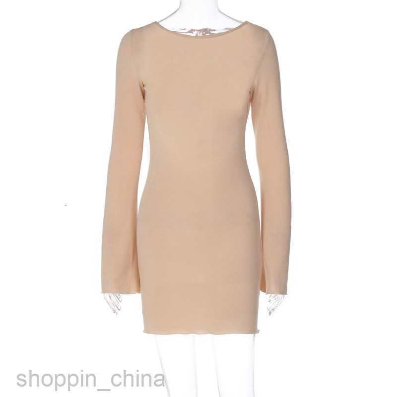 Basic Casual Women Dresses Feng Spring New Solid Color Ribbed Long sleeved Sexy Back Slim Dress for Women