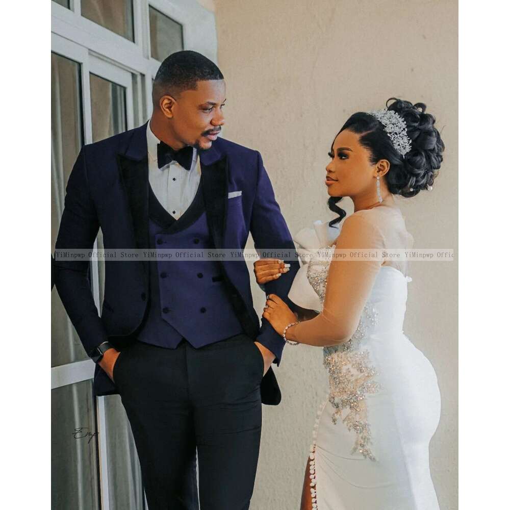 Nigeria Rhinestone Mermaid Dresses for Bride Sheer Neck Long Sleeve Side Split Ruffles Button Wedding Reception Gowns