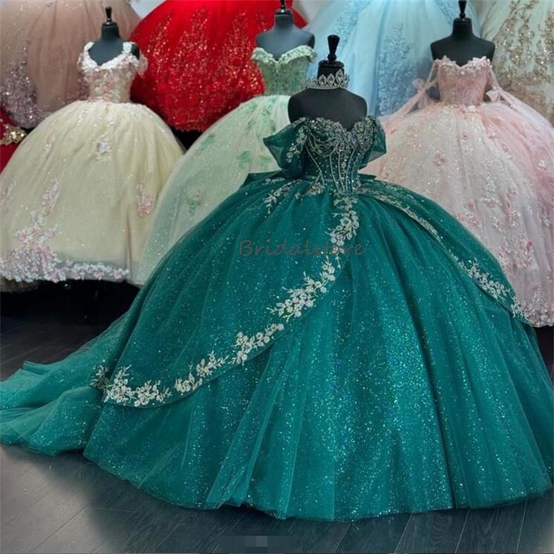 Sparkly Emerald Green Quinceanera Dresses 2024 Off Shoulders Lace Masquerade Sixteen Birthday Party Dress Vestido De Xv Debutante Sweet 16 Dress With 