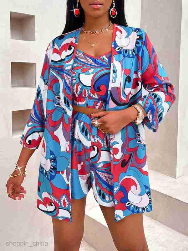 Women's Tracksuits Sexy style new women's clothing summer fashion print waist collection versatile top three piece set Sets