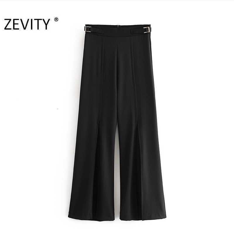 ZEVITY Women buckle decoration black split wide leg pants femme back zipper casual slim Trousers office wear chic pants P915 210603