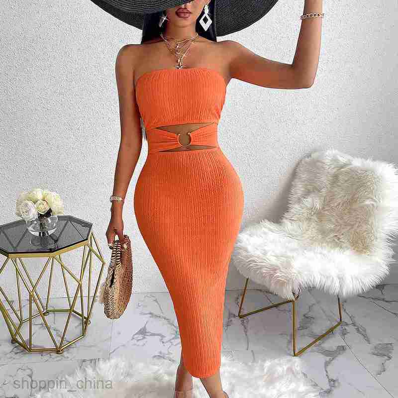 Basic Casual Women Dresses Self directed shooting new fashion women's clothing, taken shelves solid color hollowed out waist strapless dress