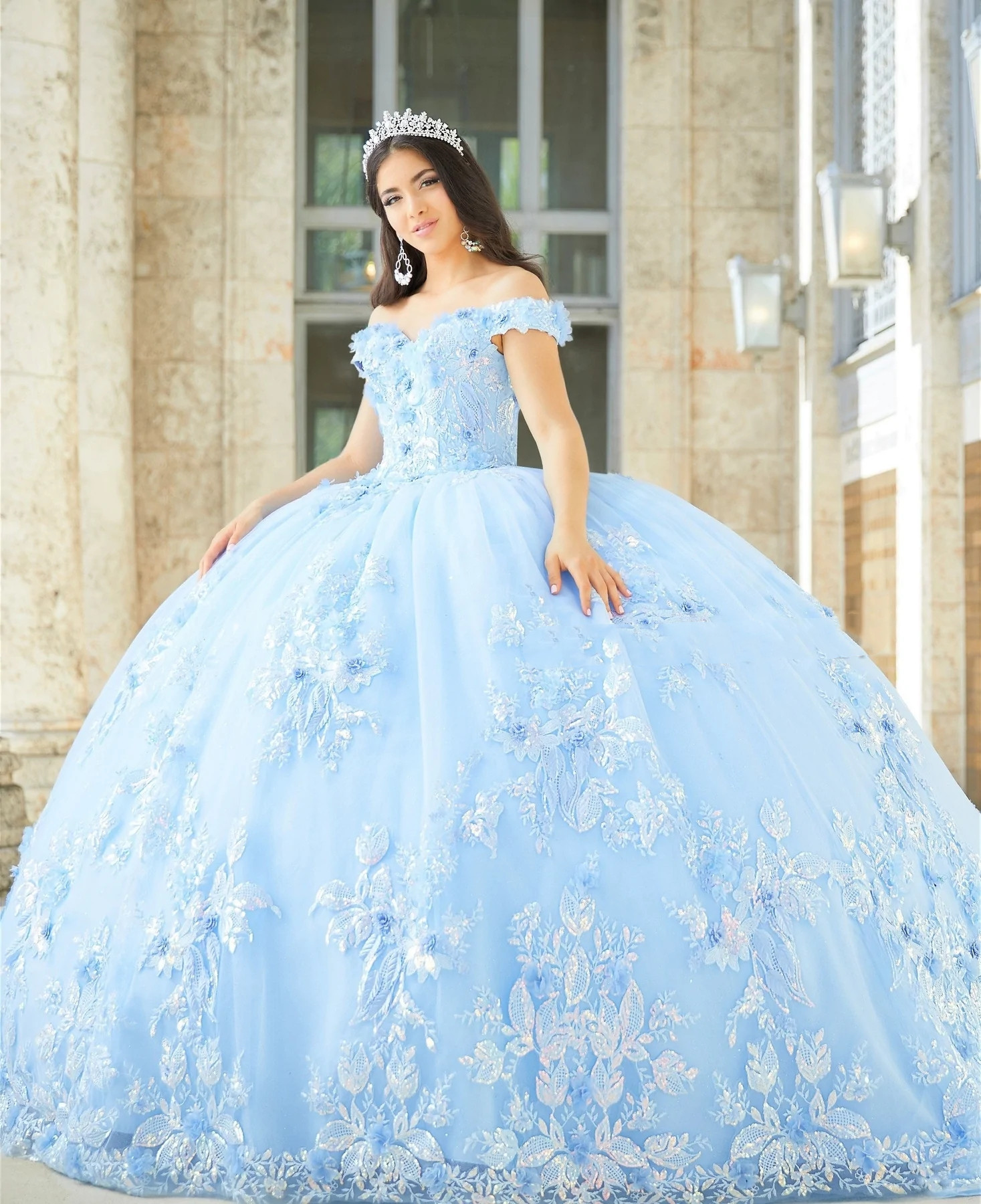 Sky Blue Mexican Quinceanera Dresses Ball Gown Off The Shoulder Tulle Lace Floral Puffy Charro Sweet 16 Dresses 15 Anos