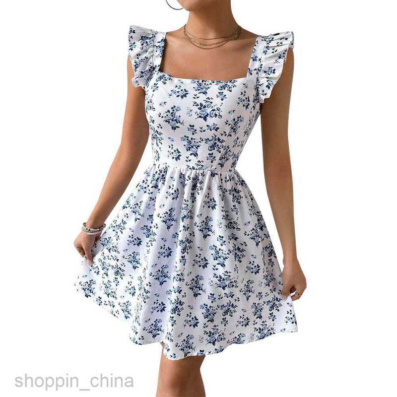 Basic Casual Women Dresses Spring/Summer Sweet Slim Design Large Open Back Lace up Small Flying Sleeves Fragmented Flower Dress