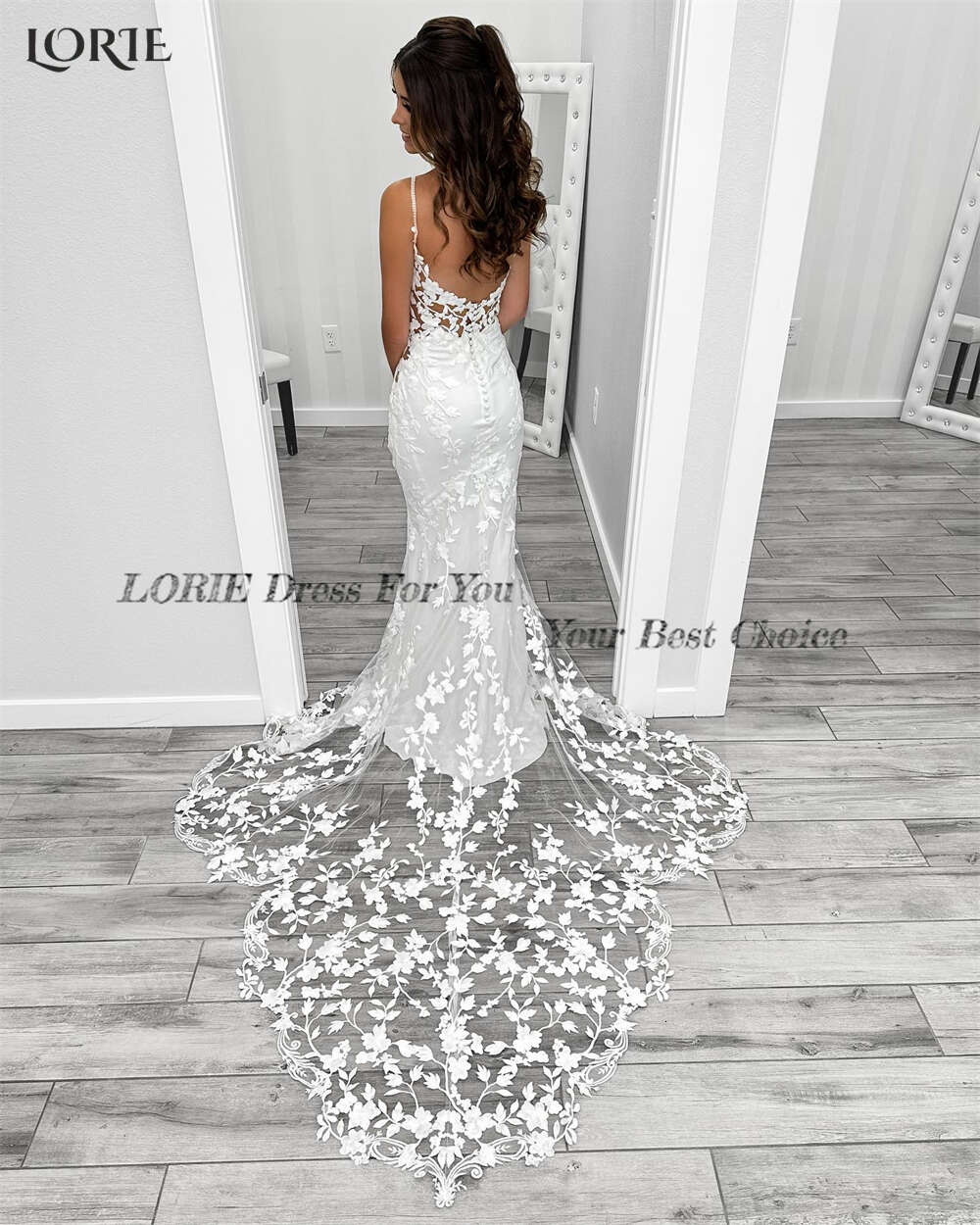 LORIE Vintage Lace Mermaid special Dresses Deep V-Neck Appliques Brush Train Bodycon Bridal Gowns Spaghetti Straps Bride Dress