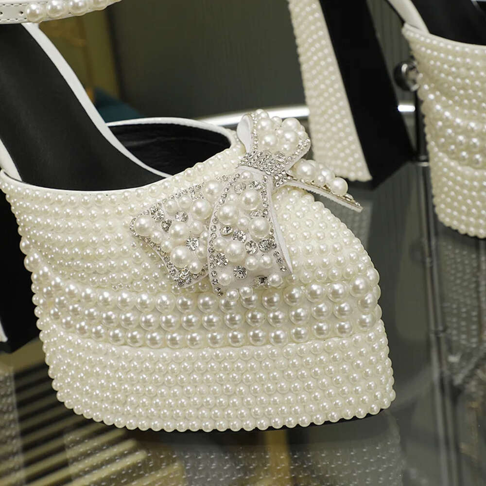 Hand Inlaid Pearl/Rhinestone High Wedding Bridal Party Chunky Heel Platform Bow Sandals Ankle Buckle Women's Shoes