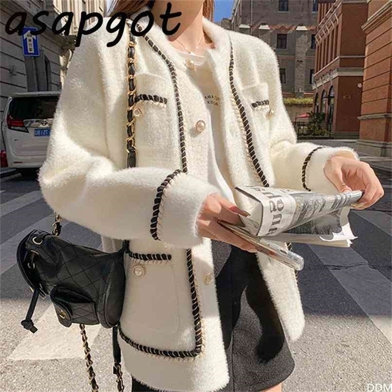 Asapgot White Mink Cashmere Sweater Coat Women Autumn Winter Lazy Style Korean Retro Black Loose O Neck Knitted Cardigan Fashion 210811