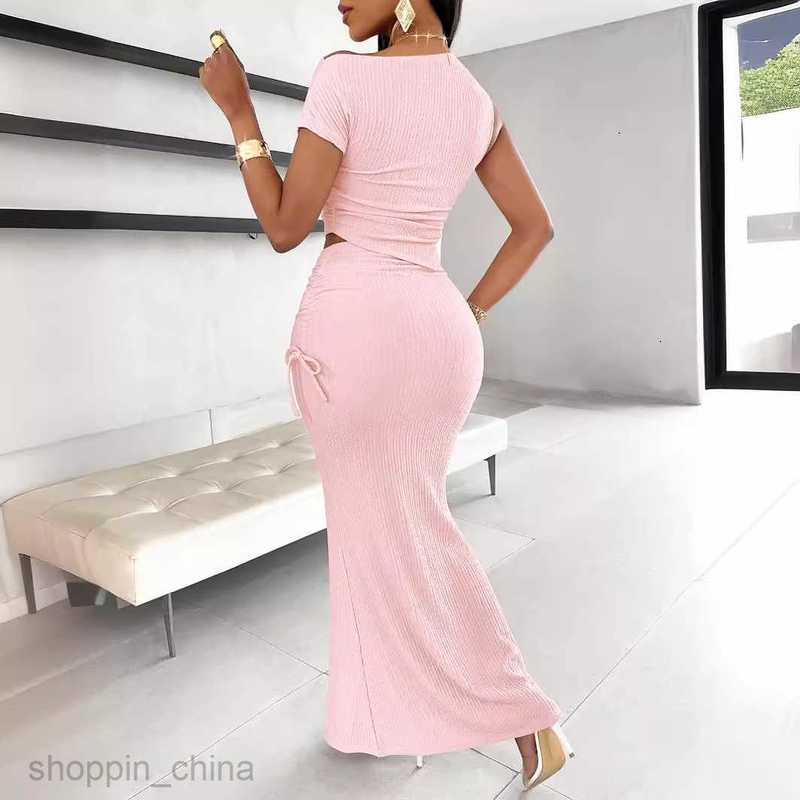 Two Piece Dress Sets Summer women's clothing new solid color single shoulder top waist cinched pleated long skirt set