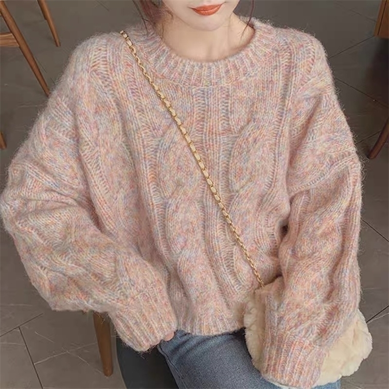 Pink Lazy Wind Winter Womens Clothing Sweater Korean Fashion Leisure Loose Wild Vintage Crew Neck Knitting Pullover Tops 220817