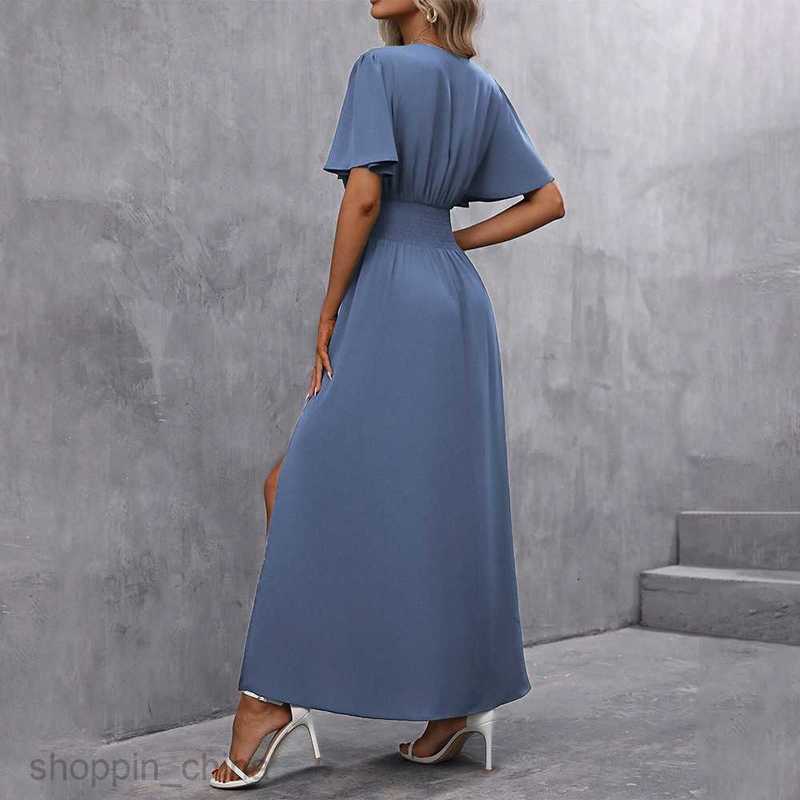 Basic Casual Women Dresses New Elegant and generous deep V-neck design, two side slit pleats and waist cinching long skirt