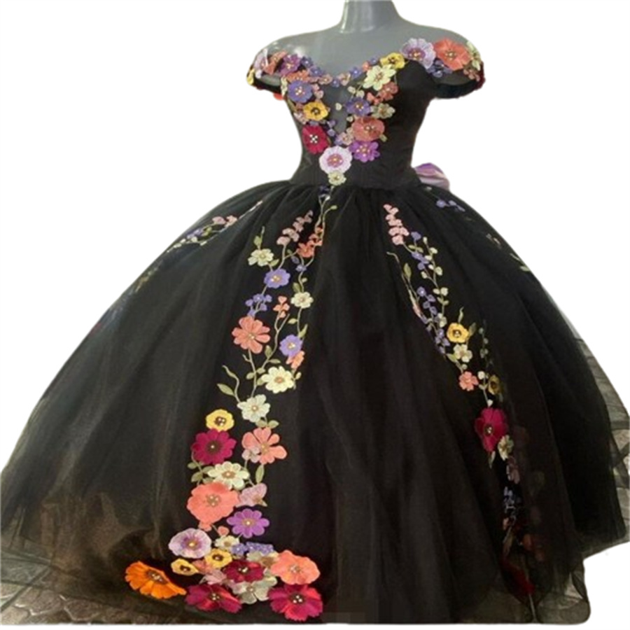 Mexican Theme Black Quinceanera Dresses Charro 2024 Colorful Flowers Fifteen Birthday Dress Floor Length Tulle A Line Corset Vestio De Xv 15 Anos Swee
