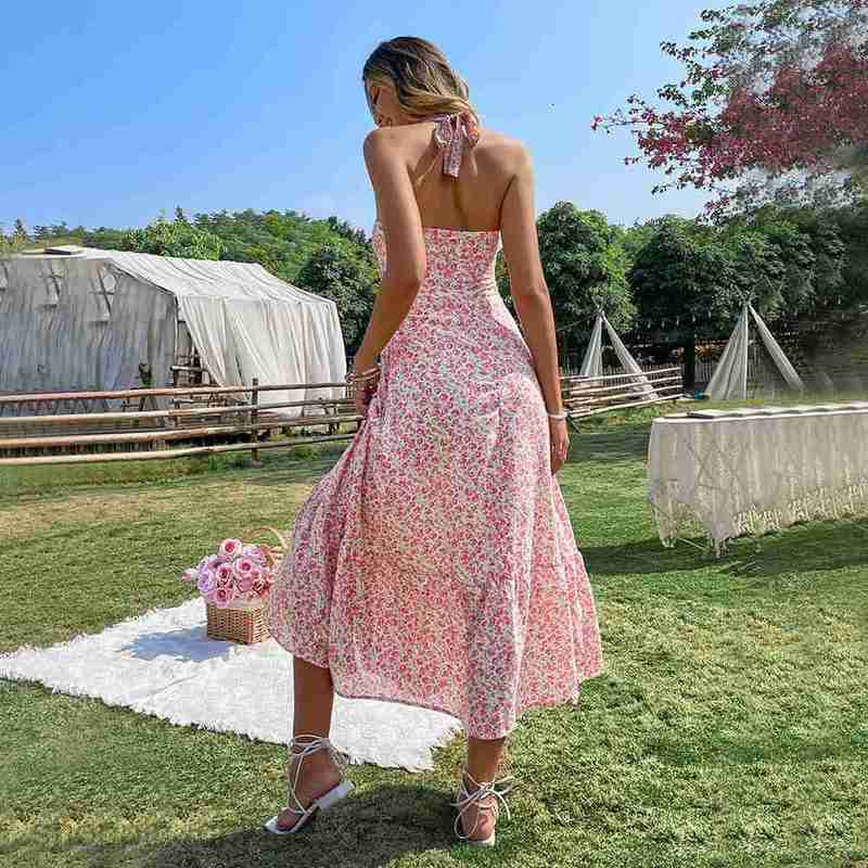 Basic Casual Women Dresses Sexy style neck hanging sleeveless dress, waisted backless pullover, A-line floral long dress for women