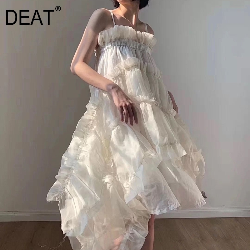DEAT Women Irregular Ruffles Spaghetti Strap Dress New Round Neck Sleeveless Loose Fit Fashion Spring Summer 1W571 210428