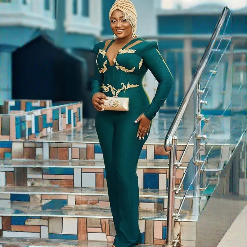 Hunter Green Jumpsuits Prom Dresses for Black Women Illusion Beaded Crystals long sleeve Plus Size Aso Ebi arabic evening gown pant suit