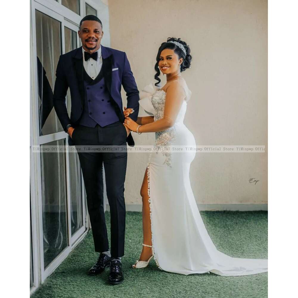 Nigeria Rhinestone Mermaid Dresses for Bride Sheer Neck Long Sleeve Side Split Ruffles Button Wedding Reception Gowns