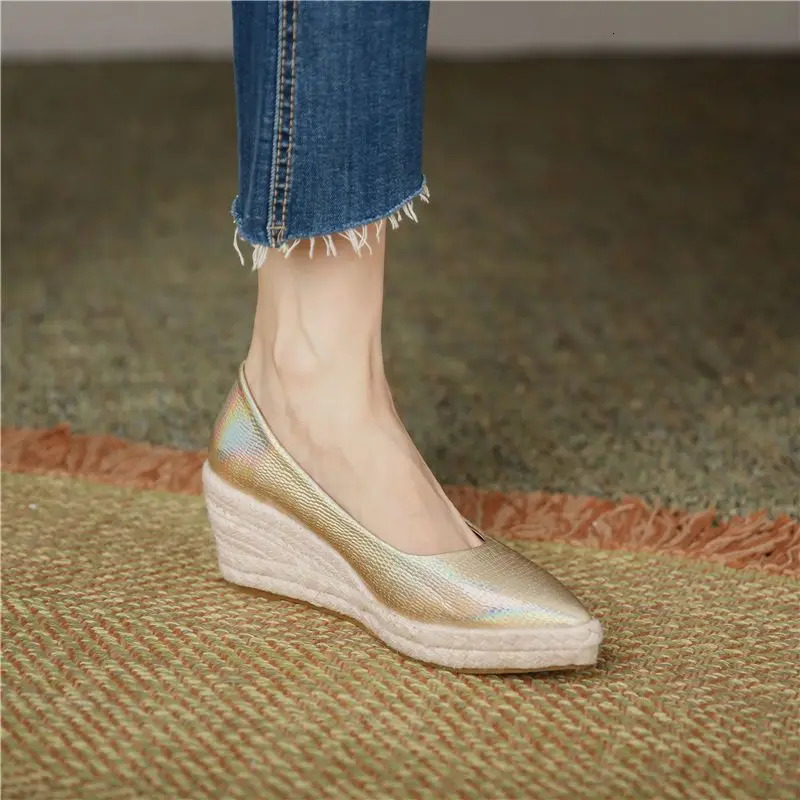 FHANCHU Autumn Leather Shoes Womens Platform Pump Straw Wedge High Heels Slippery Shallow Angled Toe Gold 35-40 Dropper 240612