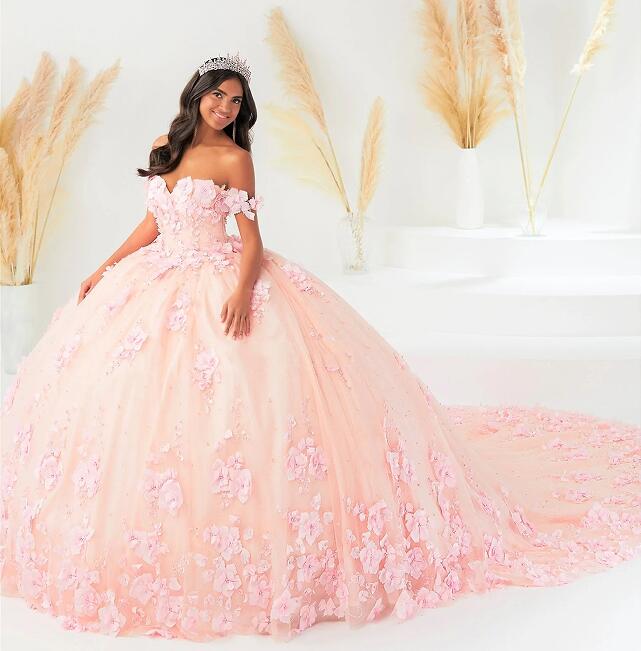 Pink Mexican Quinceanera Dresses Ball Gown Off The Shoulder Tulle Floral Pearls Puffy Charro Sweet 16 Dresses 15 Anos