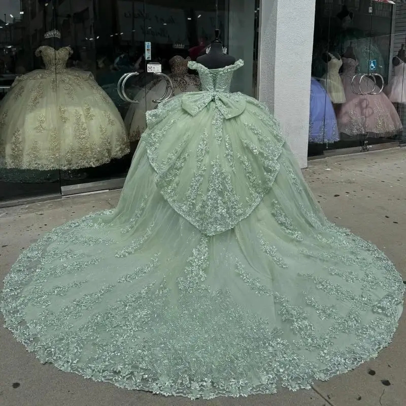Mint Green Ball Gowns Quinceanera Dresses Off the Shoulder Appliques Layered with Bowknot Lace up Draped 15 Anos Vestido