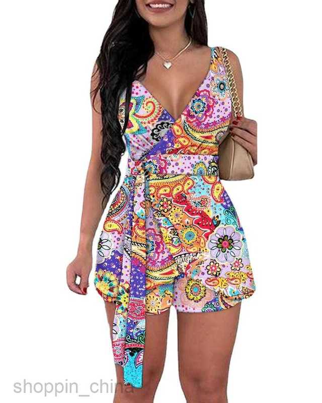 Women's Tracksuits Spring/Summer Women's V-neck Printed Belt Shorts Fashion Casual Set Sets