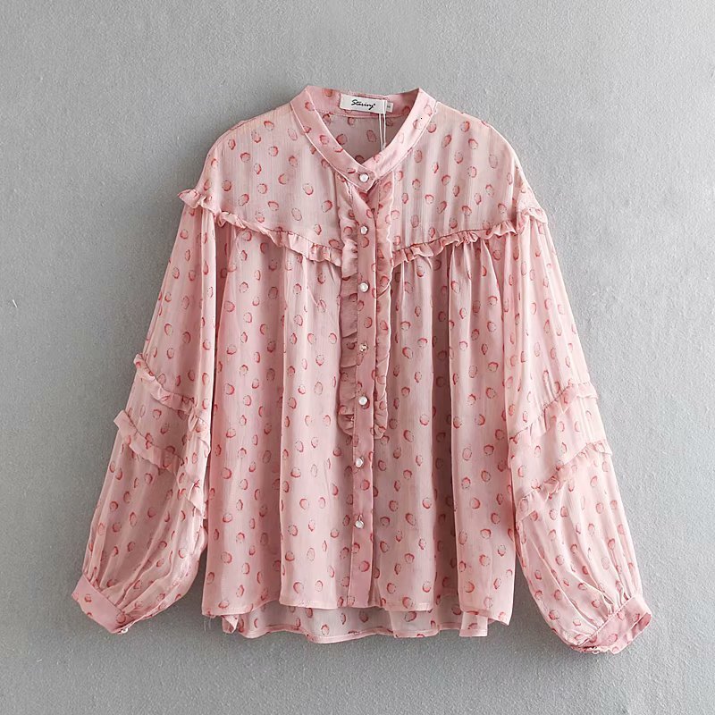 Sweet Small Fruit Print Ruffles Silk Blouse Spring Summer Cute Girls Stand Shirts Long Sleeve Casual Female Blusas 210520