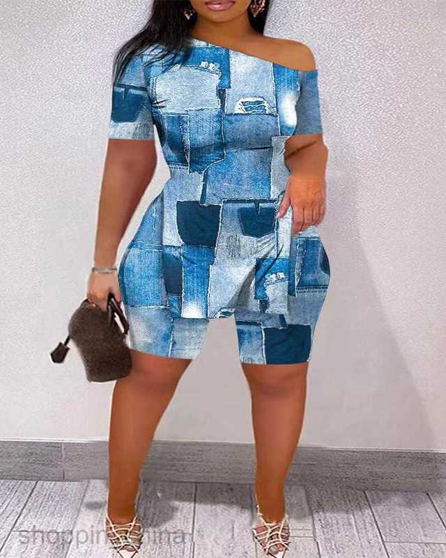 Women's Tracksuits Summer New Women's diagonal shoulder split short sleeved shorts two-piece set for women Sets