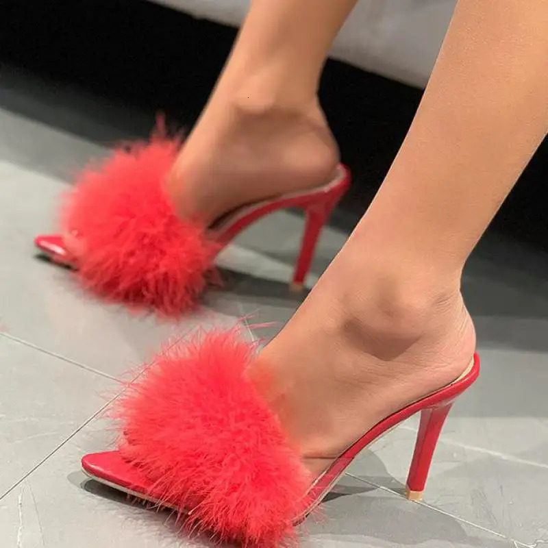 Women Slippers High Heels Fur Stiletto Peep Toe Mules Ladies Indoor Rubber Zapatillas Mujer Pointed Red Summer Sexy Shoes 240614