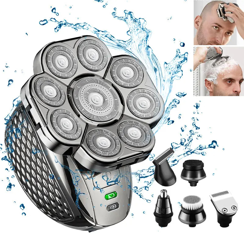 Automatic Men's Bald Head Electric Shaver 9 Blades Floating 6In1 Heads Beard Nose Ear Hair Trimmer Clipper Facial Brush Rechargeable X251208