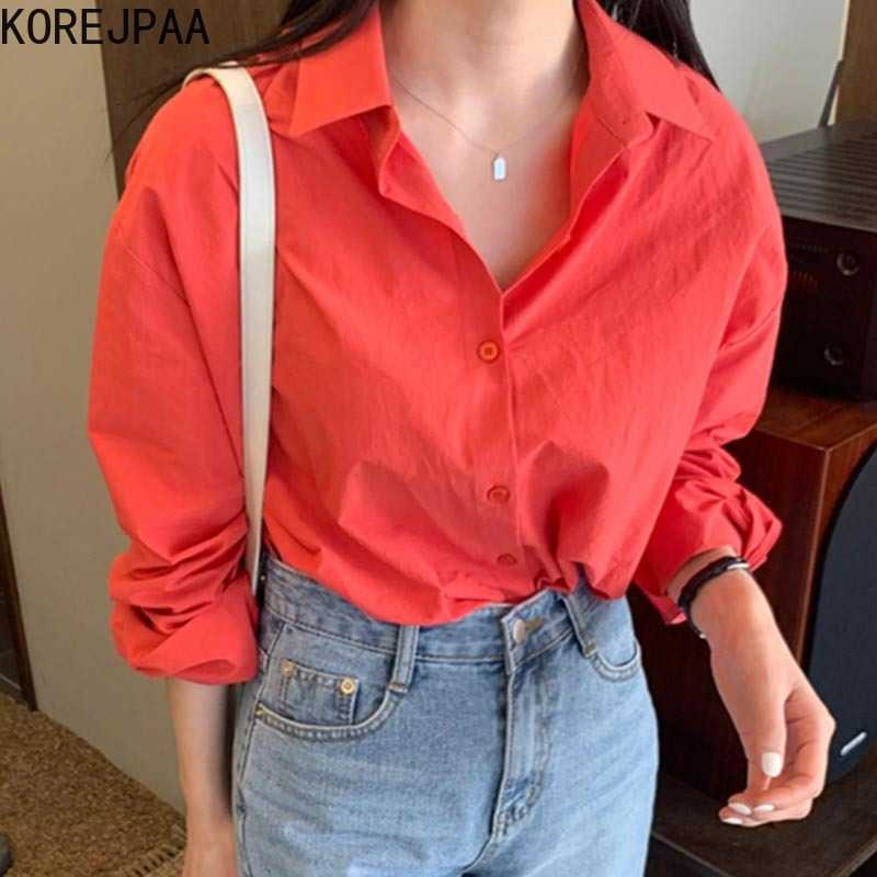 Korejpaa Women Shirt Summer Korean Chic Female Niche Basic Lapel Single-Breasted Loose-Fitting Casual Long-Sleeved Blouses 210526