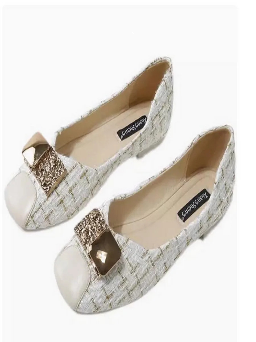 Small perfume Style Single Shoes Womens Flat Shoes 2024 Summer and Autumn Square Soft Sole Bean Shoes Fat Foot Wide Size 41-45 240614