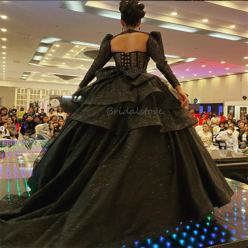 Sparkly Black Quinceanera Dresses Charro 2024 Princess Long Sleeve Sequin Pageant Dress Mexican Style Vestidos De 15 Anos xv Lujo Sixteen Birthday Par