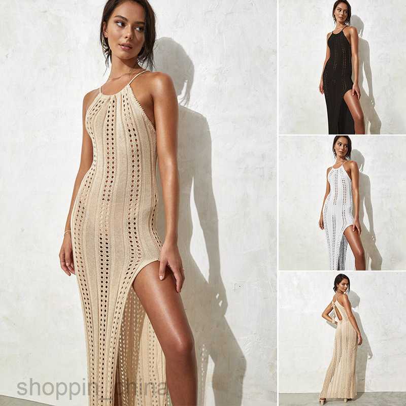 Basic Casual Women Dresses New camisole beach skirt solid color sleeveless knitted hollow out swimsuit vacation sexy slit dress