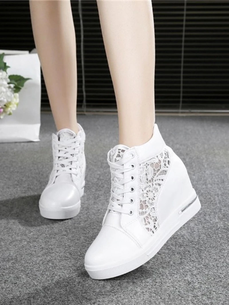 Womens wedge-shaped platform sports shoes rubber leather high heels shoelaces toe and toe height increase reptile white 240614
