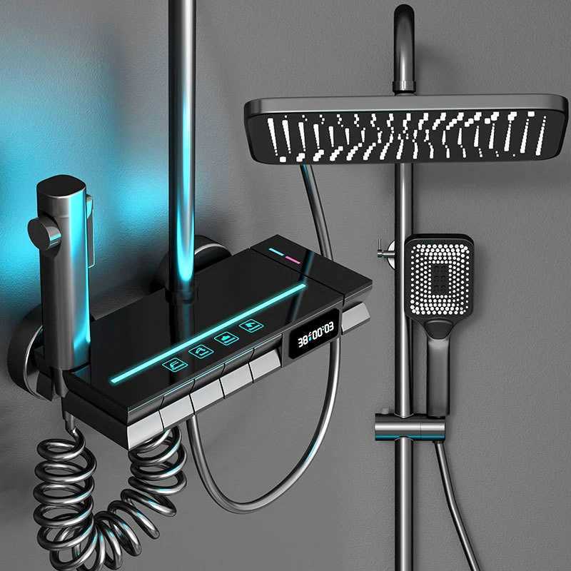 Bathroom Shower Heads Bathroom Shower System Temperature Display With LED Light Shower Set 4 Function Shower Faucet Hot Cold Temperature ControlL24613