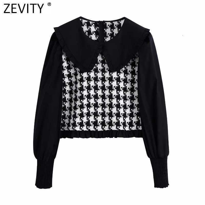 Zevity Women O Neck Puff Sleeve Patchwork Houndstooth Casual Smock Shirts Ladies Roupas Femininas Short Blouses Tops LS7351 210603
