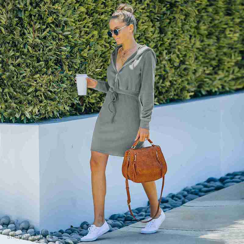 Basic Casual Women Dresses Women's autumn winter new long sleeve Hooded Dress short skirt
