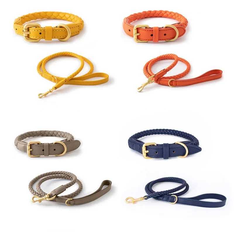 Dog Collars Leashes Leather Dog Collar and Leash Set Adjustable PU Dog Collar Soft Durable Braided Leash and Collar Set for Dogs S2461433