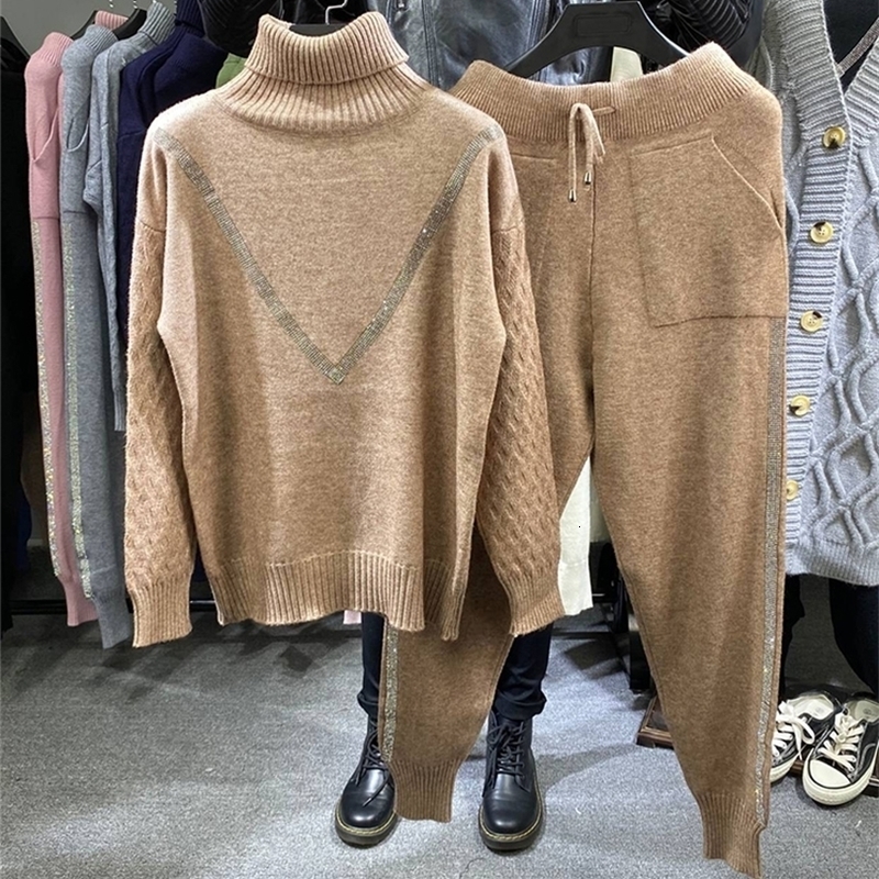 Womens Two Piece Pants Winter Thicken Warm Two Piece Set Turtleneck Sweater Knitting Elastic Waist Pants Tracksuit Women Outfits Bling Beading Suits 2