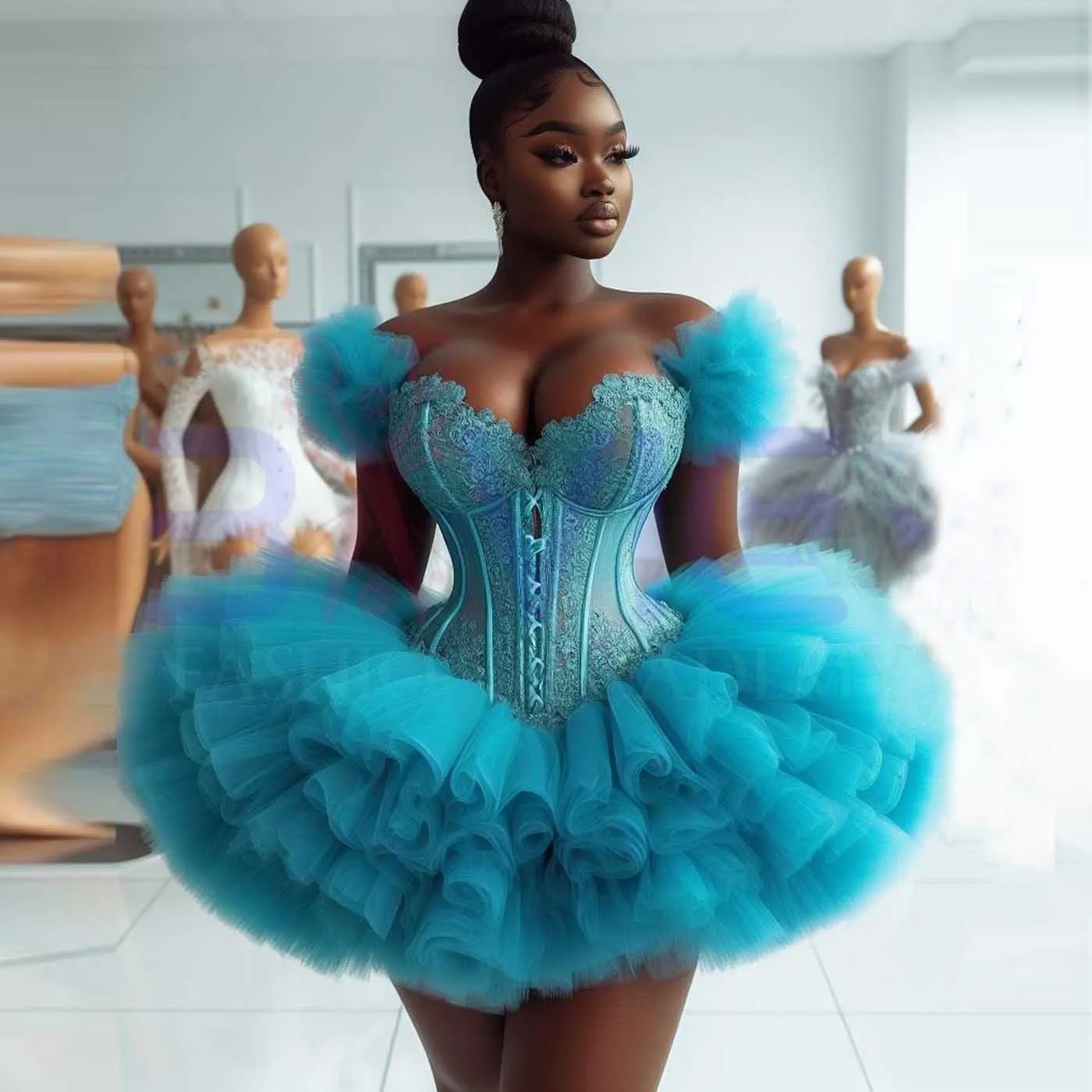Sky Blue Puffy Tulle African Short Prom Dresses Off the Shoulder Lace Appliques Aso Ebi Mini Black Girls Formal evening homecoming Gown