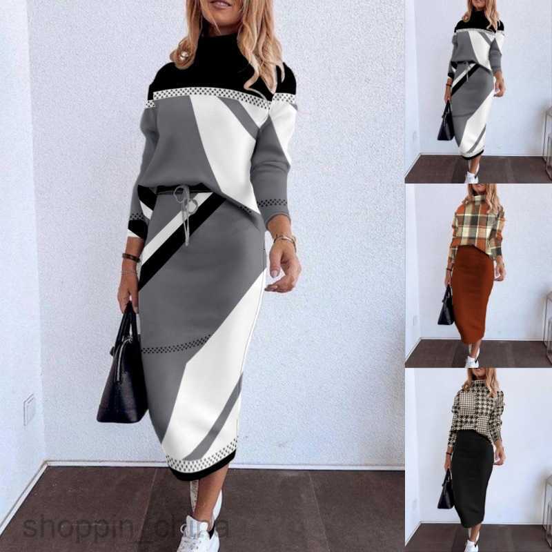 Basic Casual Women Dresses Large size women's autumn and winter new long sleeved two-piece printed set
