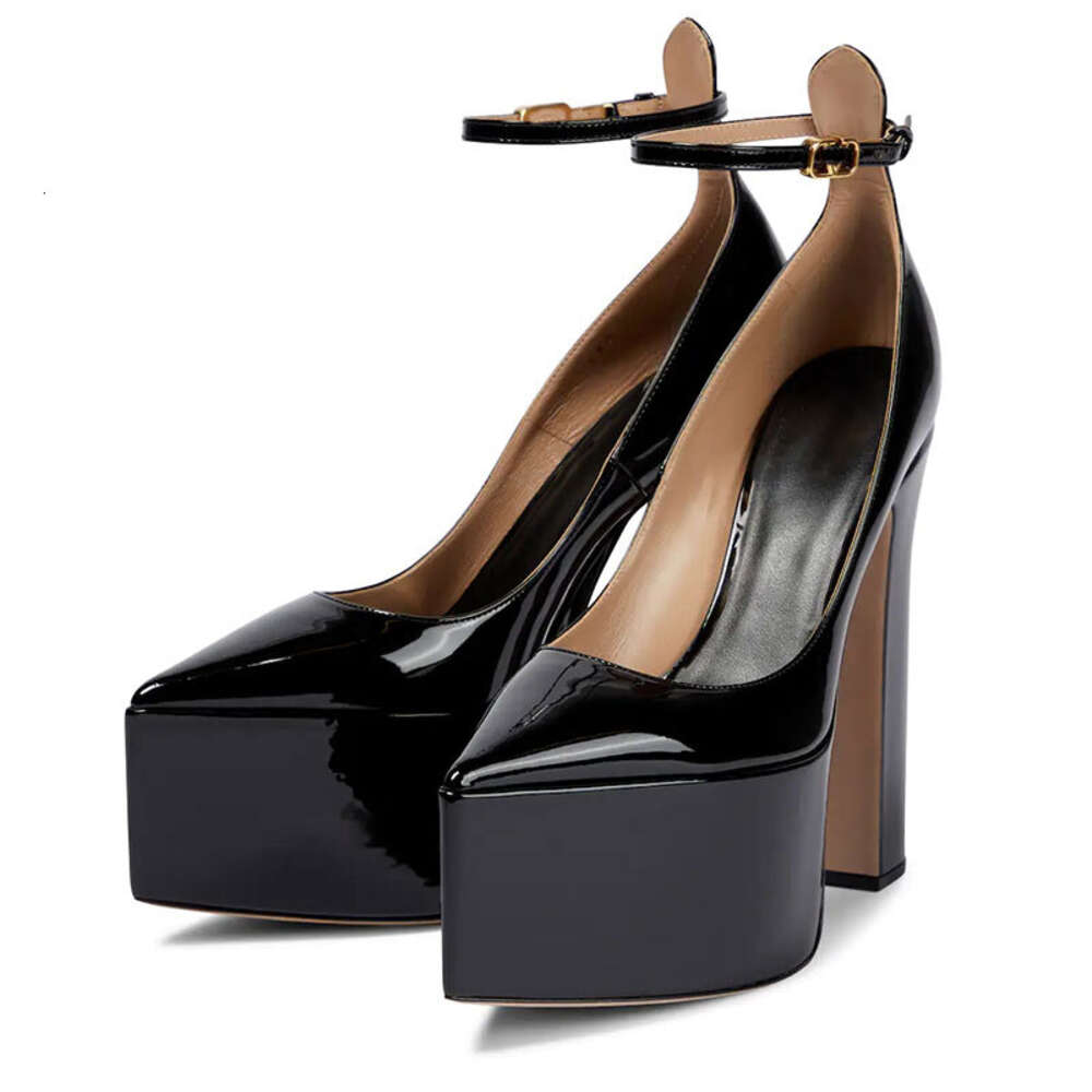 Chunky Heel Pumps for Women - Black Leather Ankle Buckle Strap Pointed Toe Fashion Shoes 4 a697a