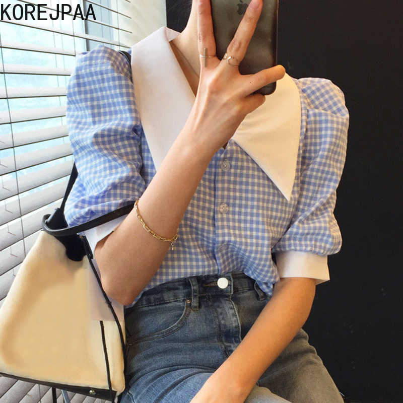 Korejpaa Women Shirt Summer Korean Niche Retro Hit Color Pointed Collar Stitching Plaid Single-Breasted Puff Sleeve Blouse 210526