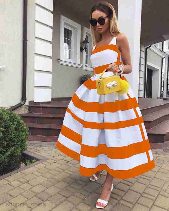 Casual Dresses Women Elegant Shoulder Long Party Dress Summer Striped Print Sleeveless Fashion Chic A-Line Suspender Beach 7654D