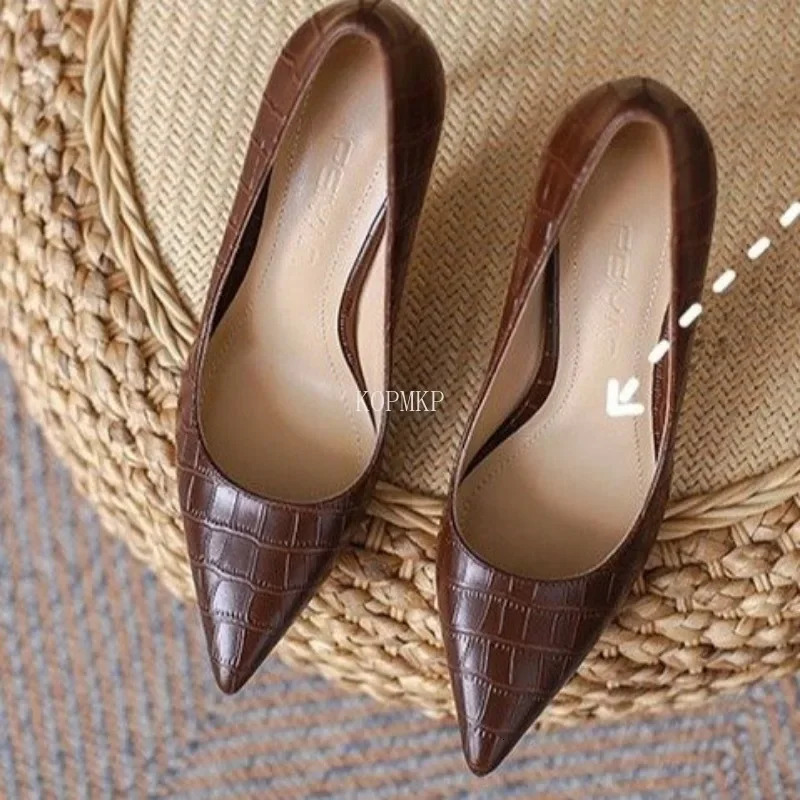 2024 Spring/Summer Sexy Brown Comfortable Full Match High Heel Shoes Womens Thin High Heel Single Shoes Womens Zapatos De Mujer 240612