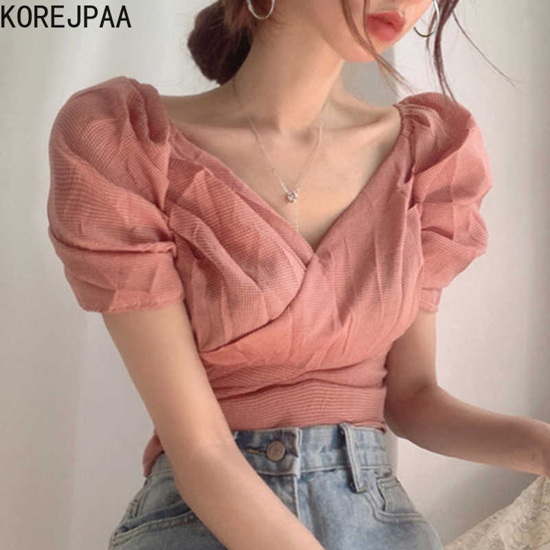 Korejpaa Women Blouses Korean Chic Retro Sweet V-neck Sexy Folds Cross Waist Bubble Plaid Sleeve Shirt Top Female 210526