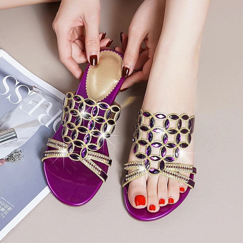 BEYARNE Womens Sandals Fashion Slippers Womens Sandals Leather Slippers Thick High Heels Diamond Large Size Womens Sandals 240612