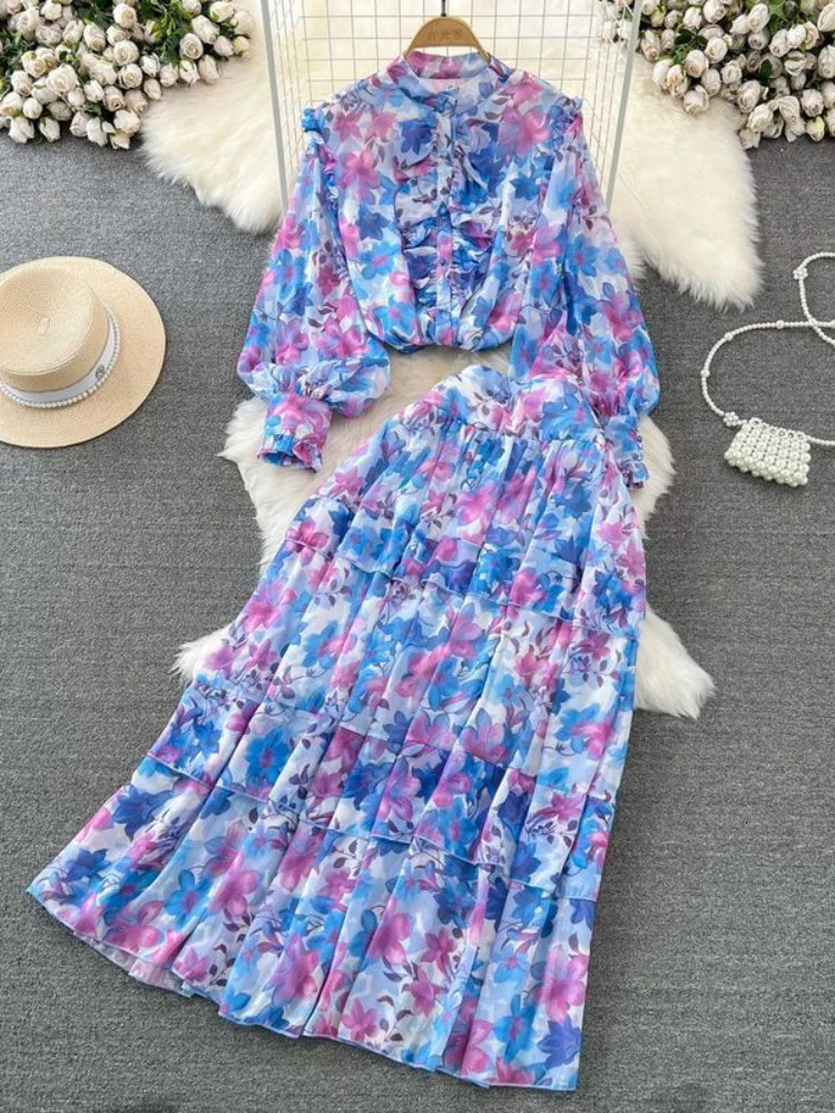 Floral Two Piece Set Women Lantern Long Sleeved Single Breasted Shirthigh Waisted A-line Long Skirt Printed Chiffon Outfits 240601