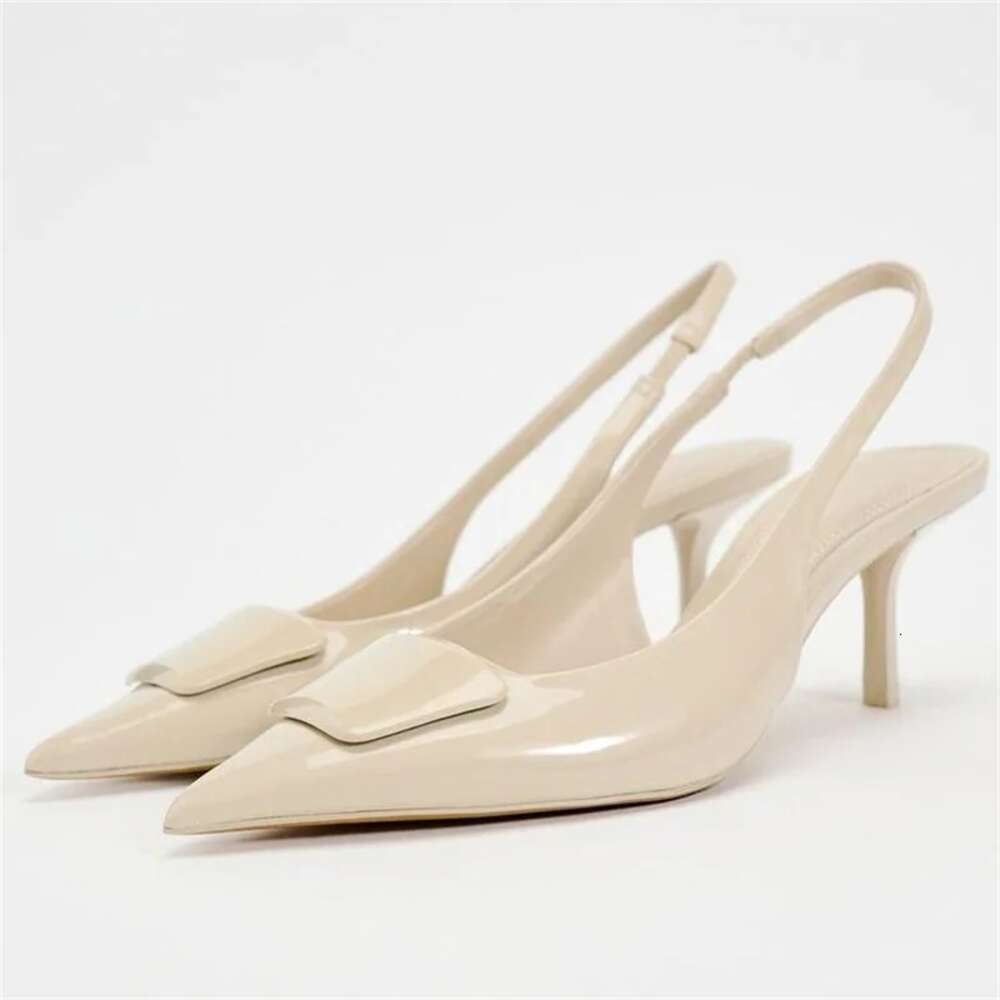 2024 Woman's Elegant Office Heels Beige Pointed Sgback Mid Heeled Sandals Women Fashion Comfortable Single Shoes Summer New
