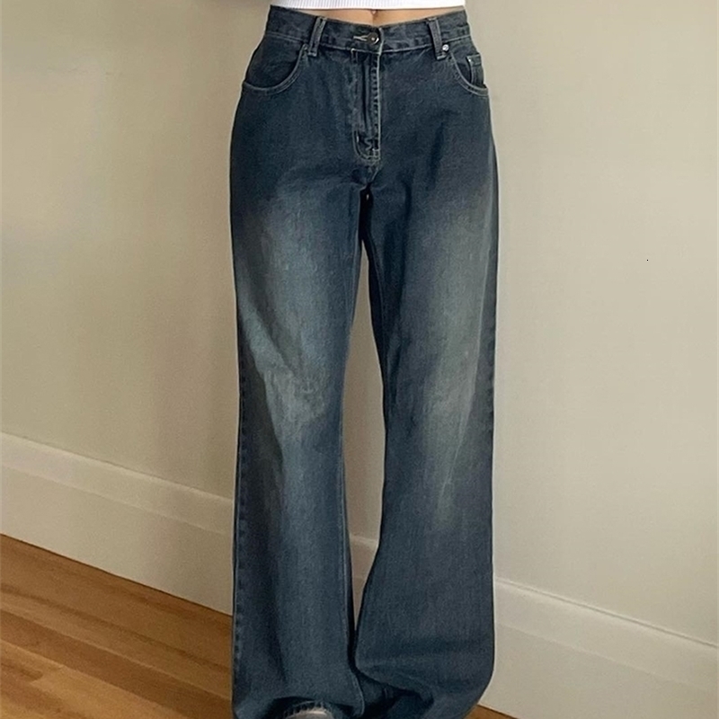 Womens Jeans High Waist Women Baggy Fashion Straight Leg Pants Y2k Denim Trousers Vintage Loose Blue Washed Mom 221007