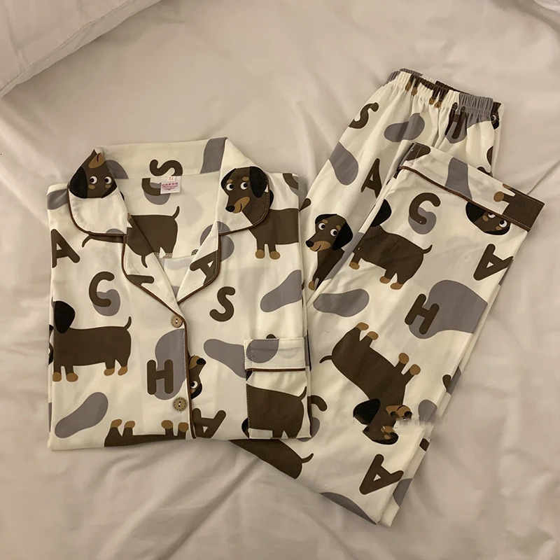 Spring Summer Cute Womens Pajamas Set Dachshund Print Cotton Two Pieces Short Sleeve Tops Full Length Pants Sleepwear 3991 240201