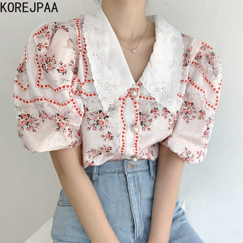 Korejpaa Women Shirt Summer Korean Western Style Vintage Lapel Embroidery Chic Button Puff Sleeve Chiffon Print Blouses 210526